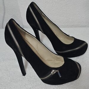 Colin Stuart Black Platform Heels ZIP detail Vintage Y2k Suede Leather 8.5